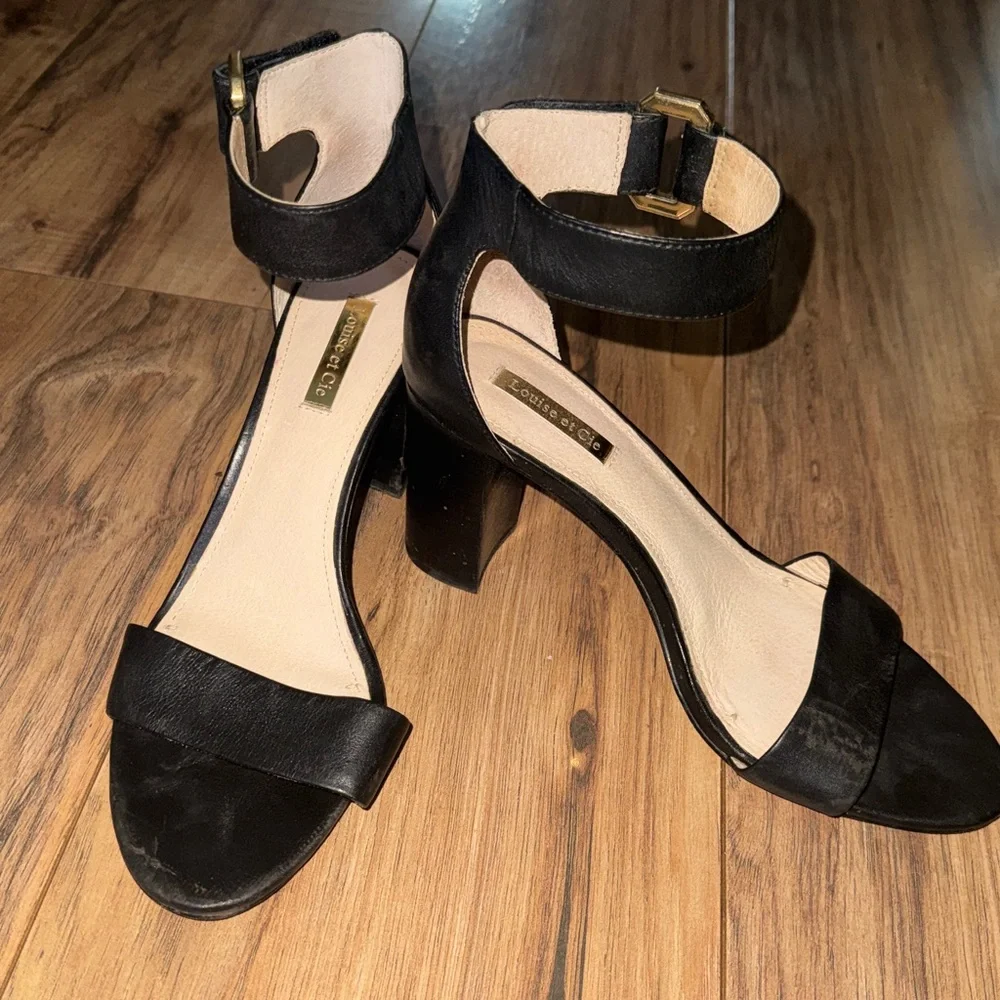 Louise et Cie Black‎ Leather Ankle-Strap Block Heels